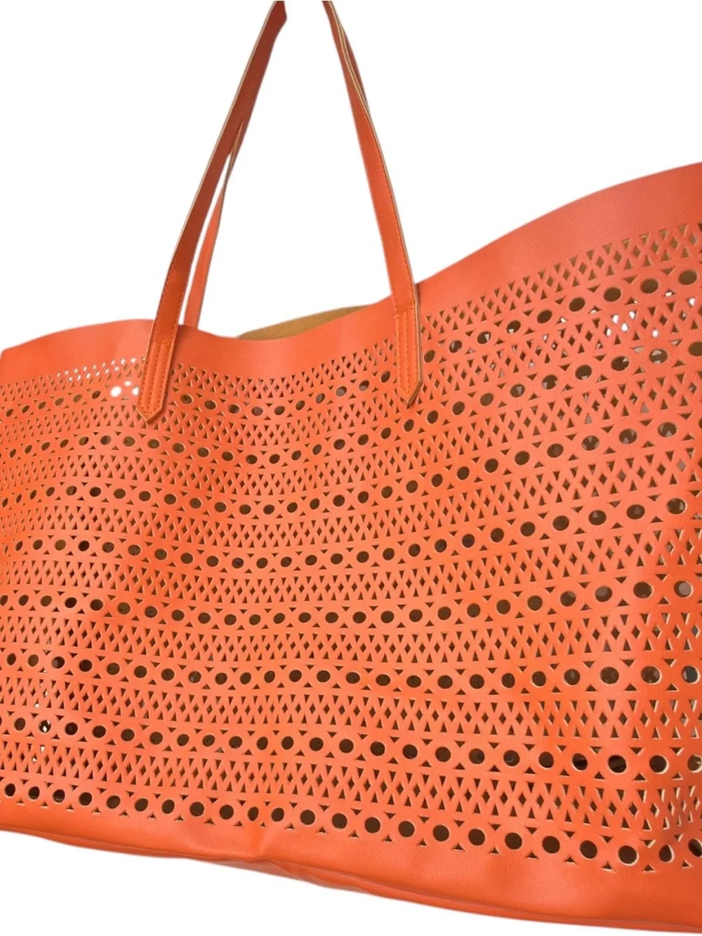 Saks Fifth Avenue Orange Geometric Perforated Lightweight Tote Bag Purse.